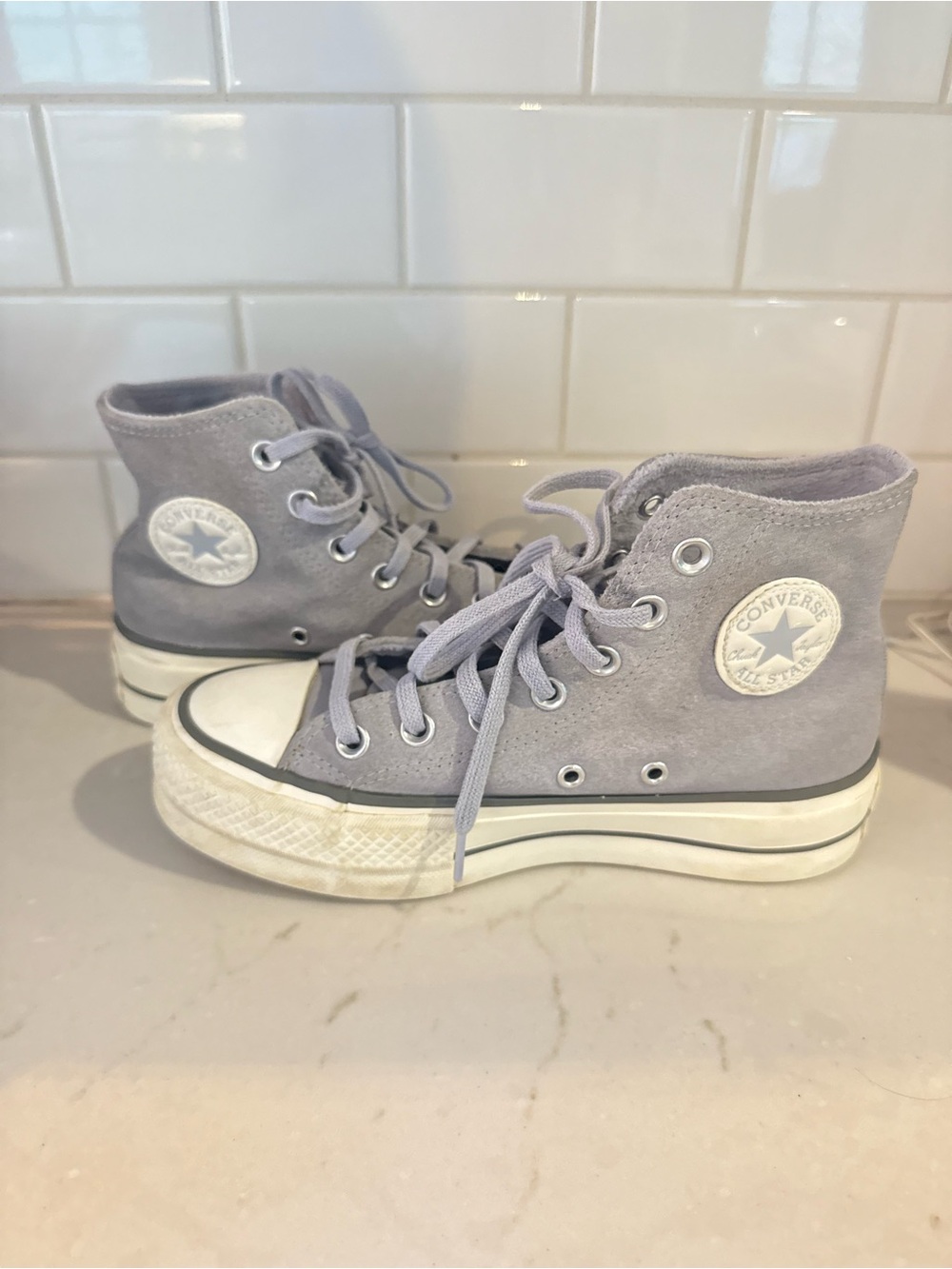 Converse High Top Platform Sneakers in Light Gray Suede